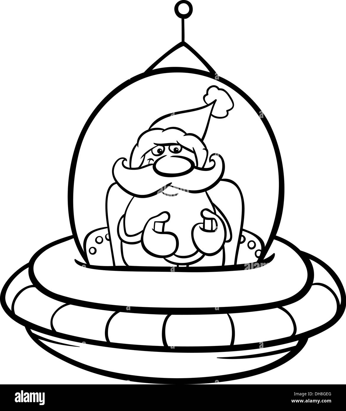 Illustration Cartoon noir et blanc du Père Noël volant en vaisseau spatial sur l'époque de Noël pour Coloring Book Banque D'Images