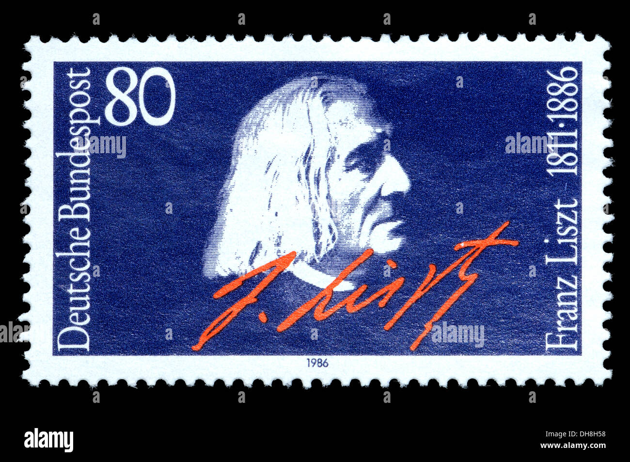 Portrait de Franz Liszt (Liszt Ferenc' 1811-86 - le compositeur hongrois) sur timbre-poste allemand. Banque D'Images