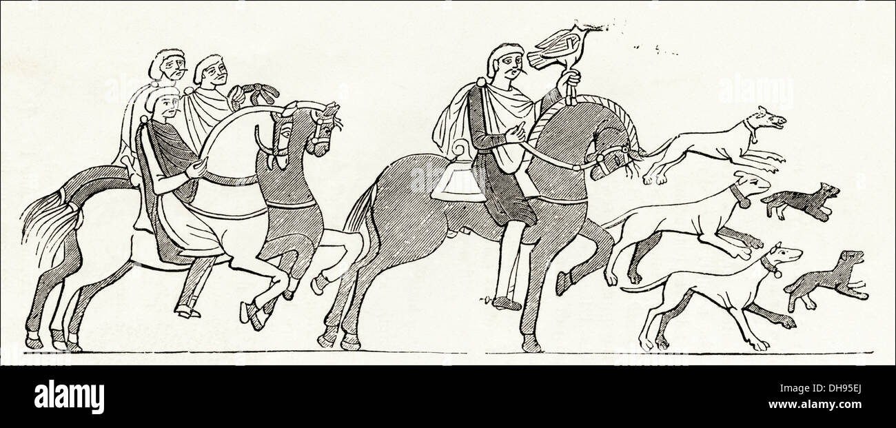 L'Angleterre anglo-saxonne. Harold Baar "Chez Boultan & Fils" équitation à Bosham, à partir de la Tapisserie de Bayeux. Circa 1845 gravure sur bois de l'époque victorienne. Banque D'Images