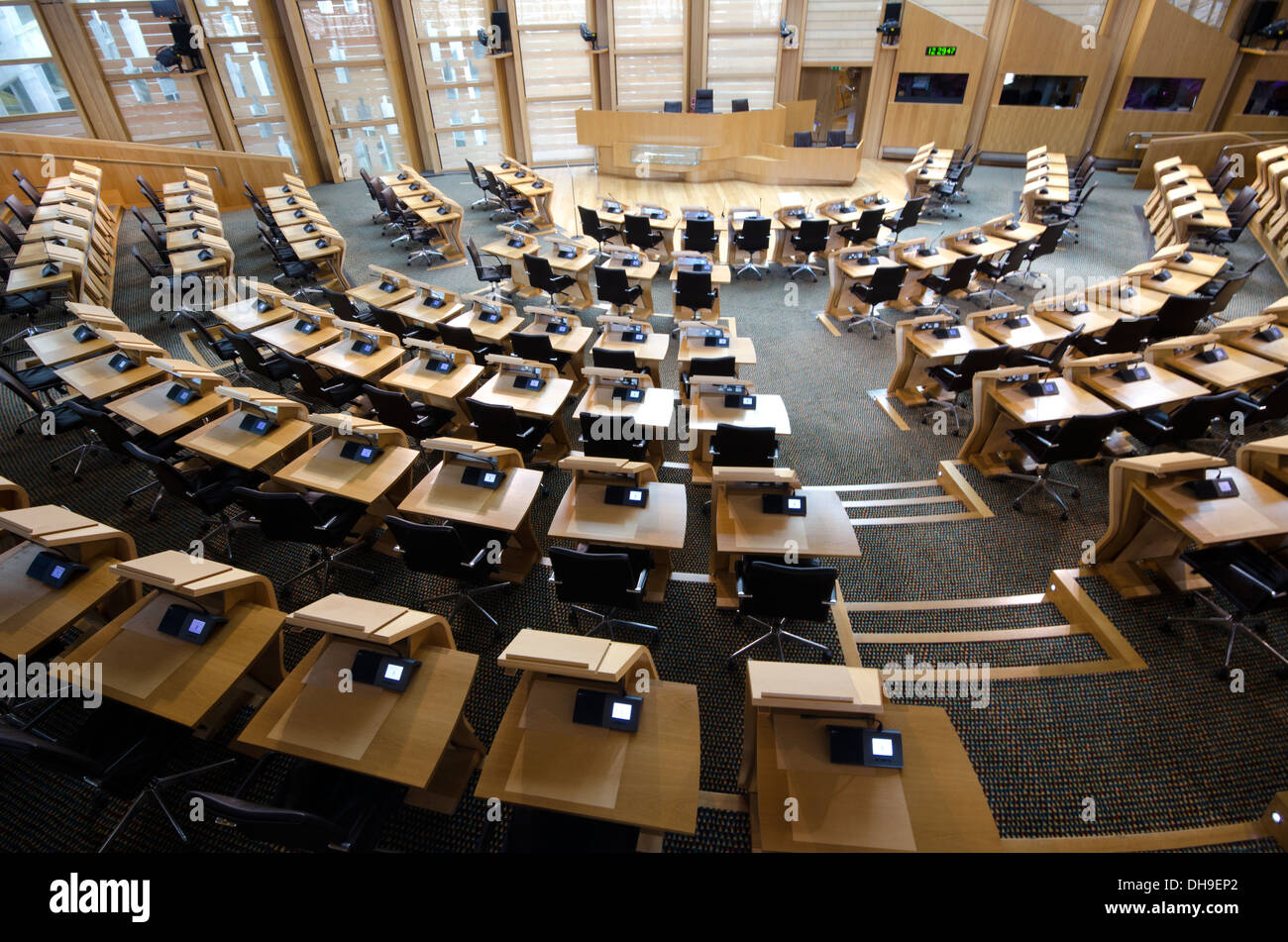 Intérieur de l'hémicycle à l'intérieur du bâtiment du parlement écossais à Holyrood à Edimbourg, Ecosse Banque D'Images