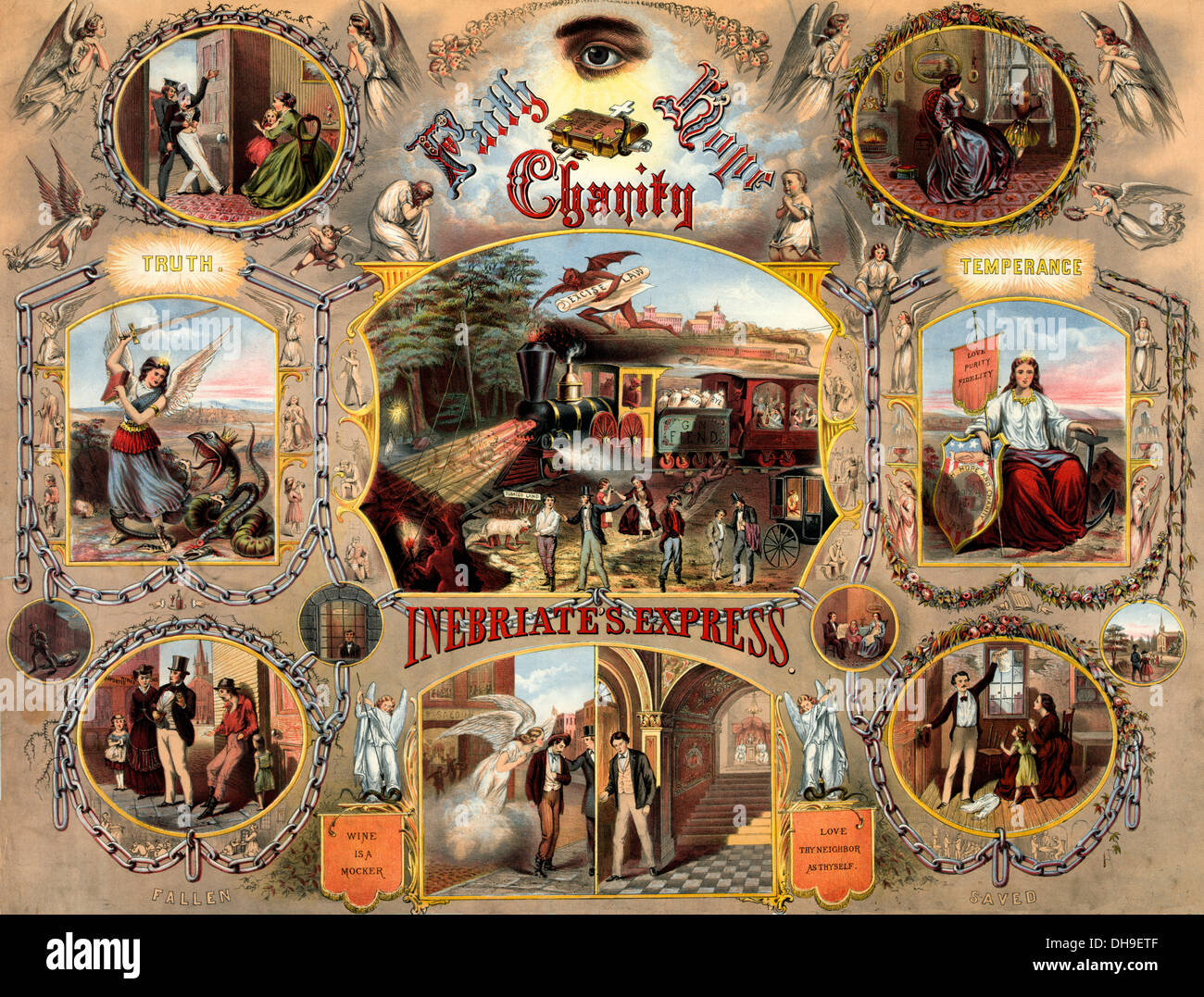 Foi, espérance et charité - l'alcoolique Express - Années 1870 affiche montrant le parcours d'un alcoolique à la rédemption Banque D'Images