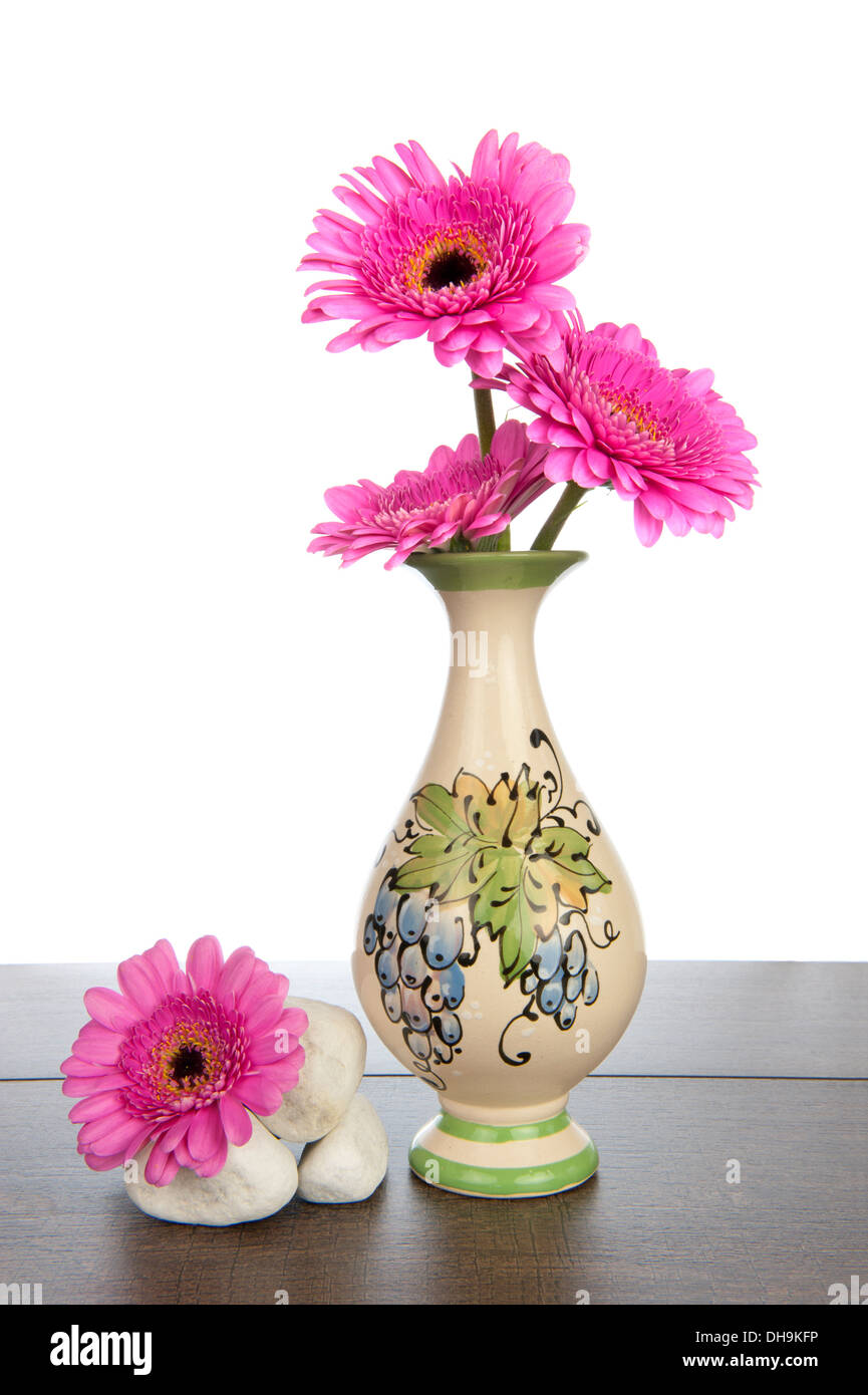 Gerbera rose en vase décoré avec des tas de rochers blancs sur une étagère en bois brun foncé Banque D'Images