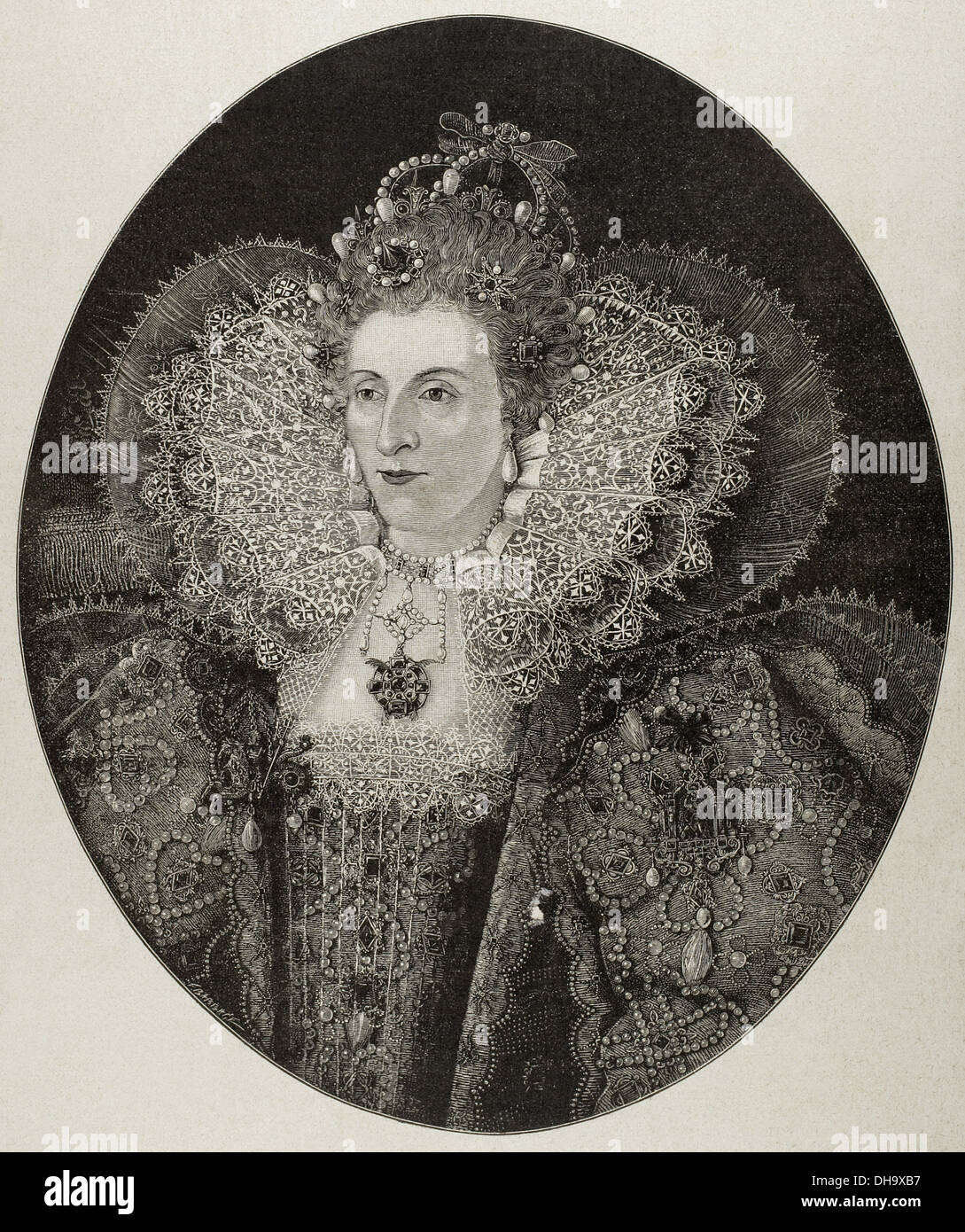 (Elizabeth I) Maalouf. Reine d'Angleterre et l'Irlande. Gravure de F. Babbage. La péninsule ibérique, l'Illustration 1888. Banque D'Images