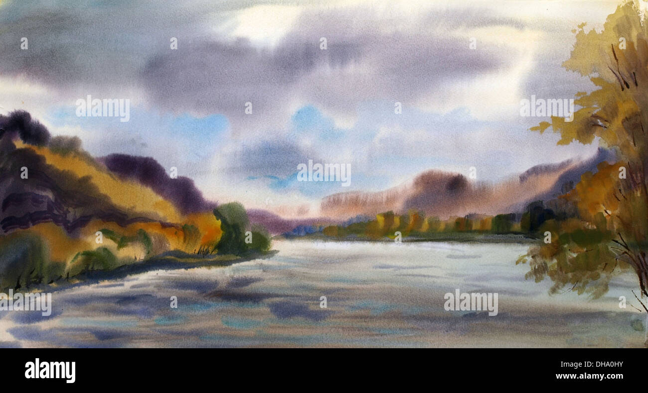 Paysage d'automne avec lac de montagne peint par aquarelle Banque D'Images