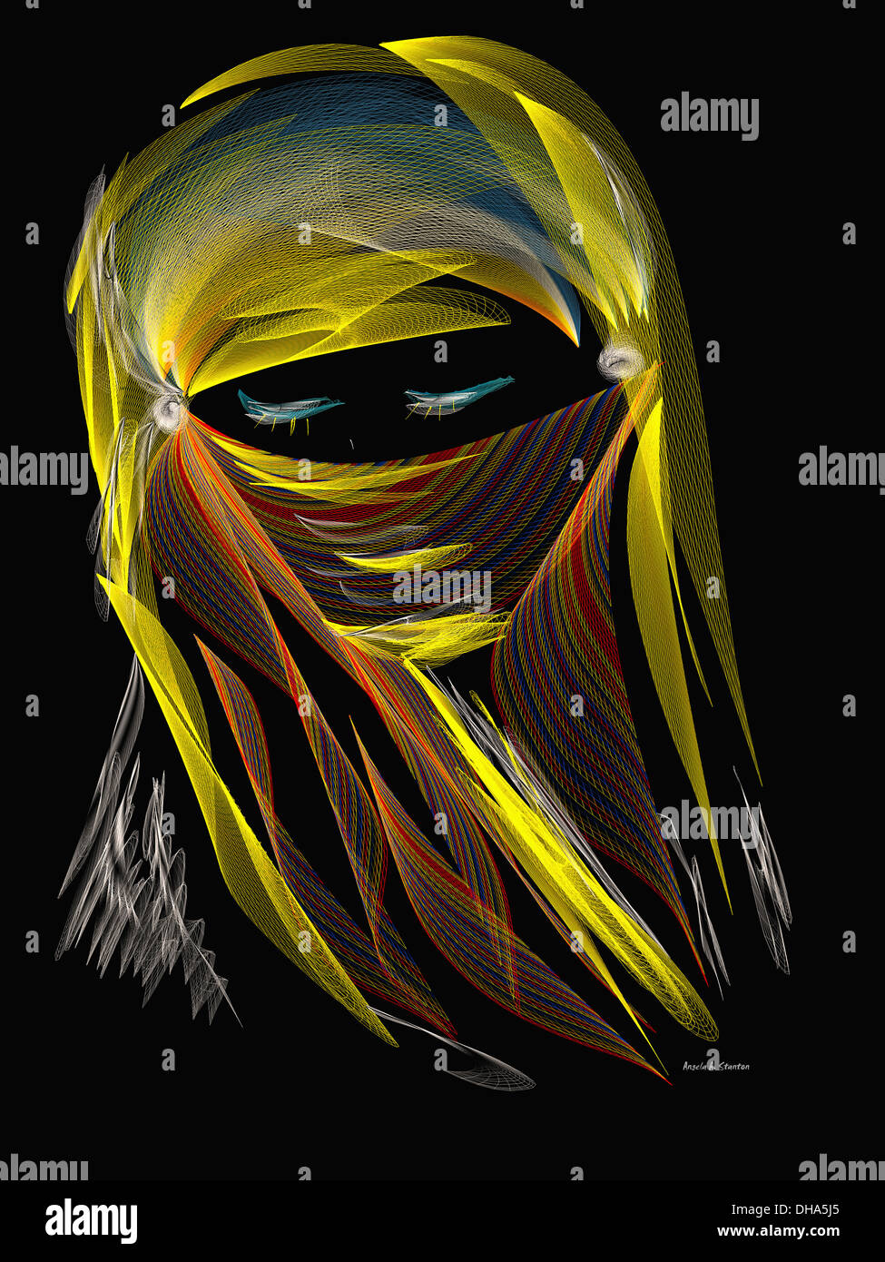 Image générée par ordinateur d'une femme de Peering les yeux d'un foulard Banque D'Images
