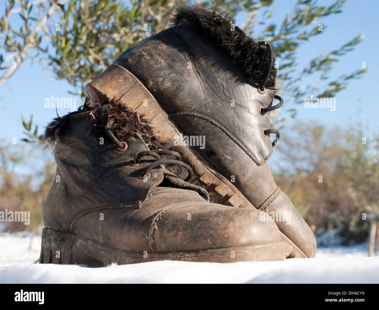 Vieilles chaussures pour femme sur la neige Banque D'Images