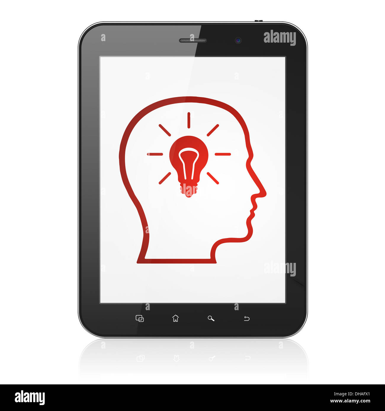 Concept de l'éducation : Tête avec Lightbulb sur tablet PC ordinateur Banque D'Images