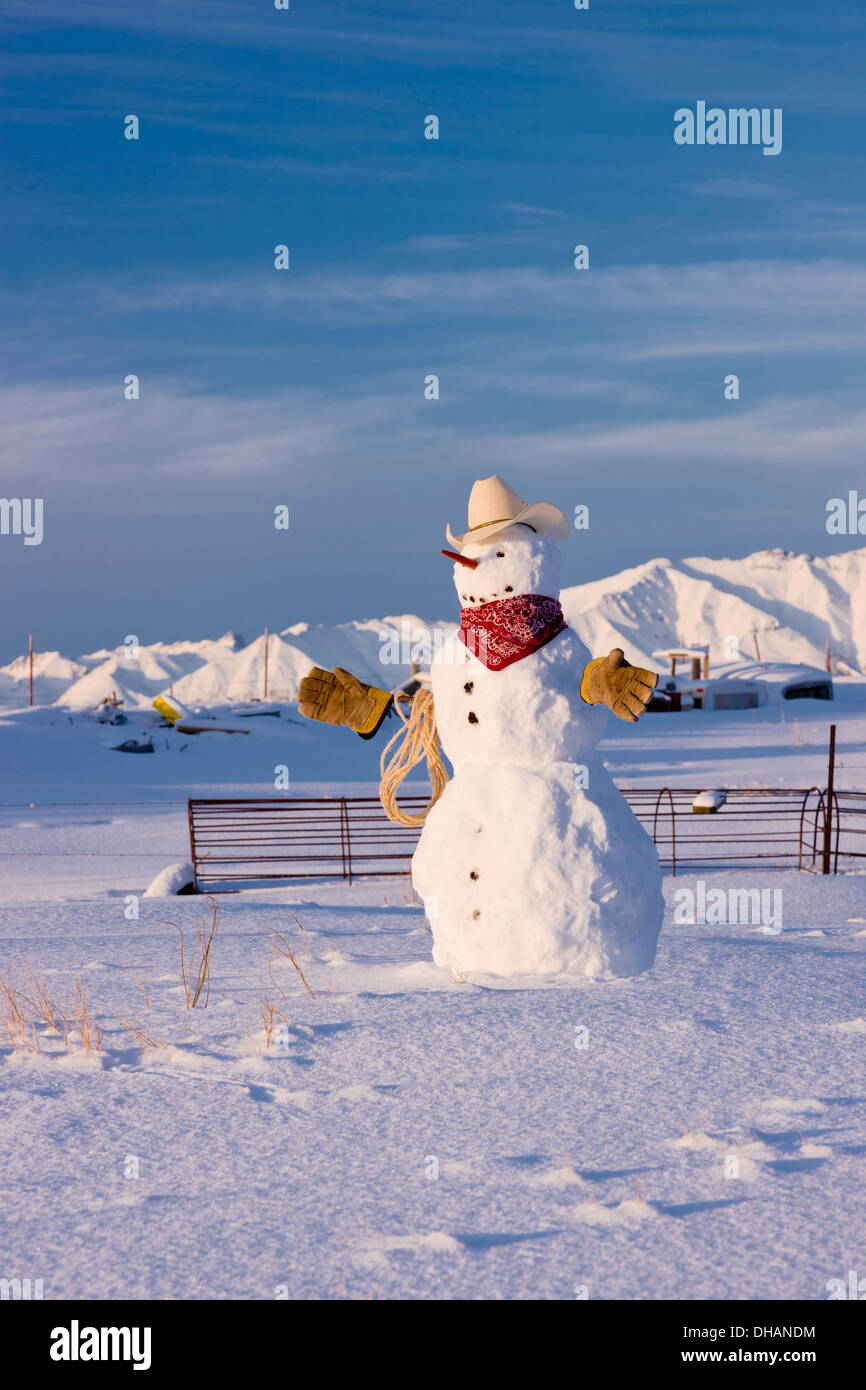 Bonhomme habillé comme un cowboy portant un chapeau de cow-boy Bandana rouge et des gants de travail permanent de la corde dans un champ;Palmer Alaska Usa Banque D'Images