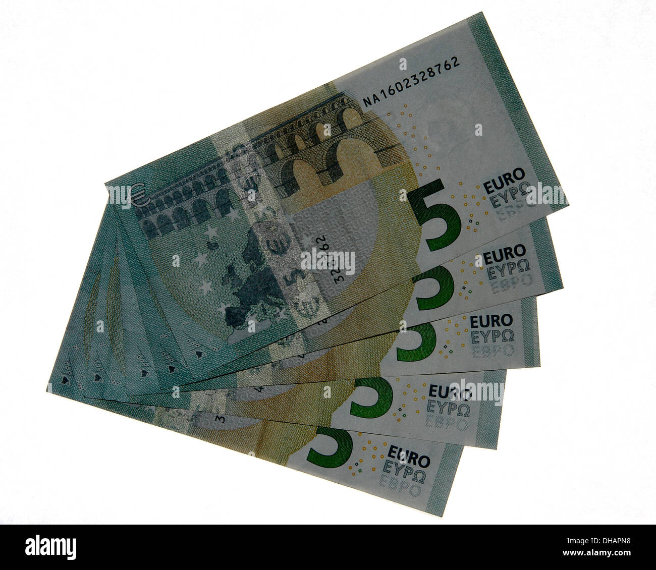 Une coupe d'un fan de 5, 2013 nouvelle conception 5 billets d'euros, montrant la face arrière. Banque D'Images