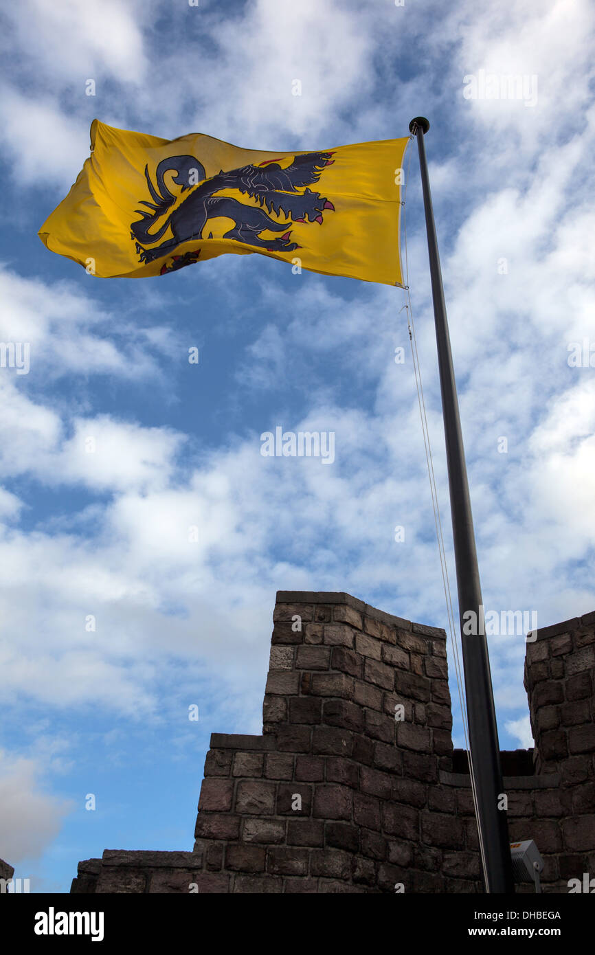 Le Lion Flamand, ou de Vlaamse Leeuw vole sur le Château des Comtes, Ville de Gand, en Flandre, Belgique. Banque D'Images
