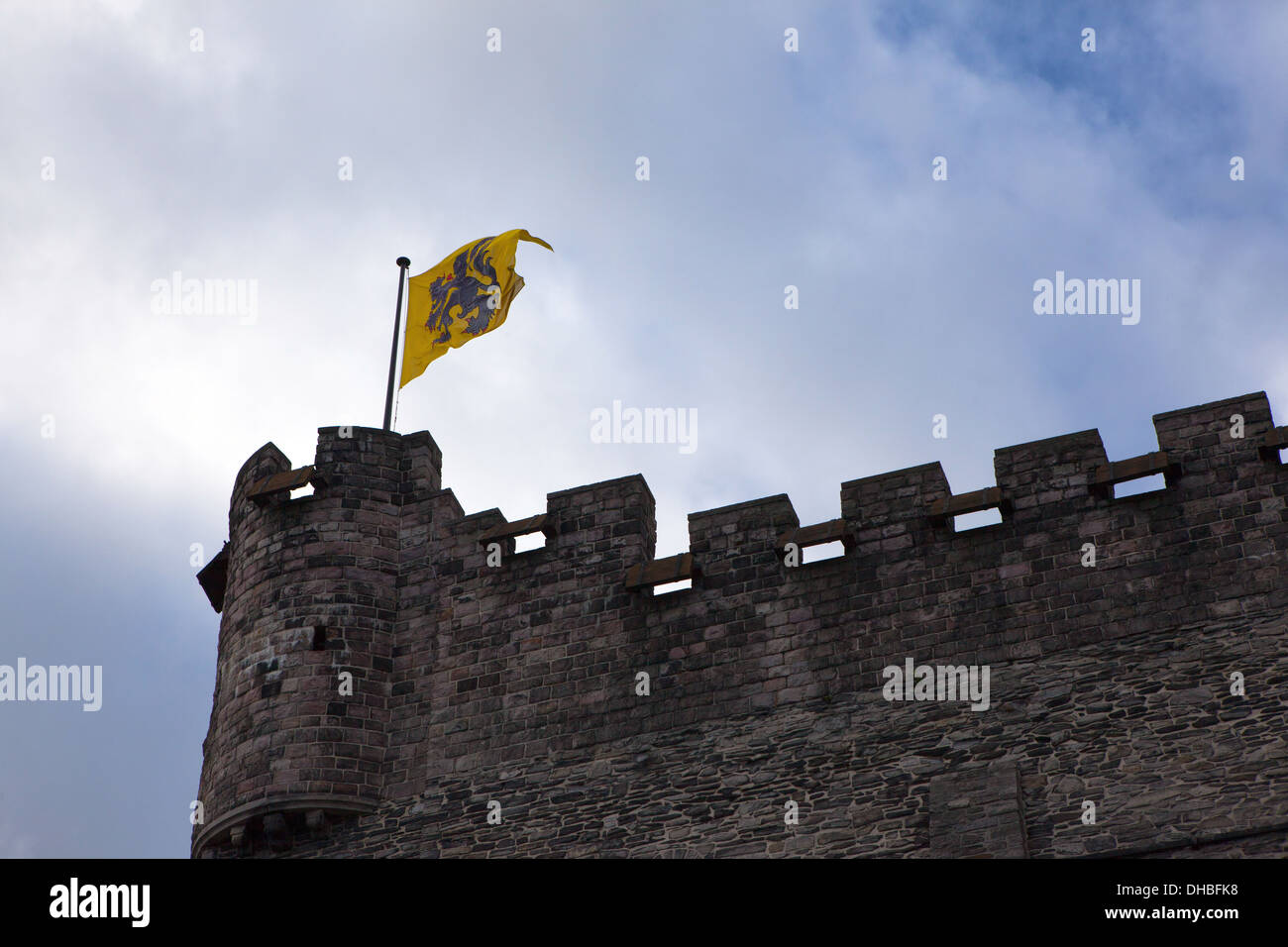 Le Lion Flamand, ou de Vlaamse Leeuw vole sur le Château des Comtes, Ville de Gand, en Flandre, Belgique. Banque D'Images