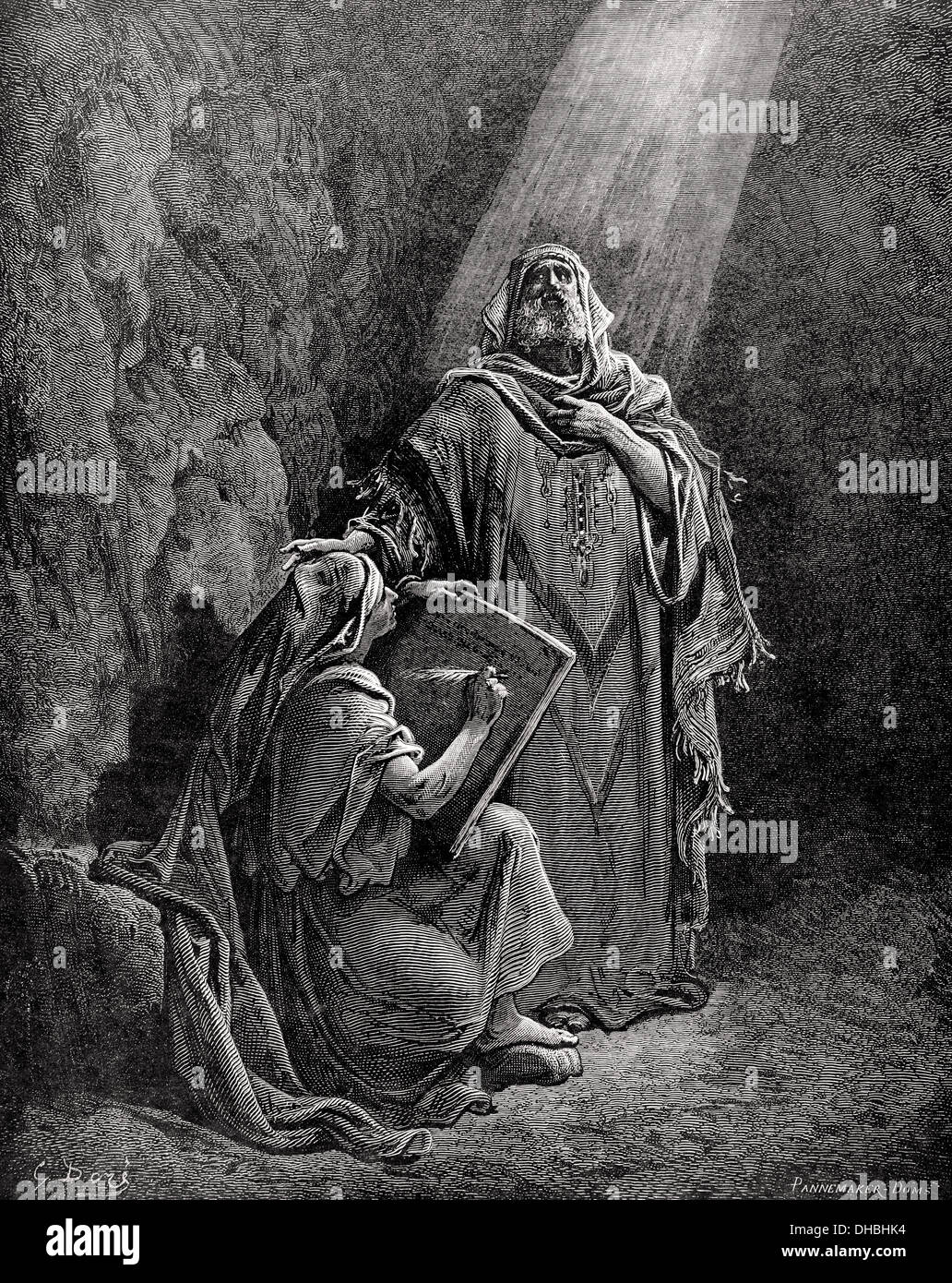Jérémie (650-585 avant J.-C.). Prophète hébreu. Jérémie dicte ses prophéties à Baruc. La gravure. Banque D'Images