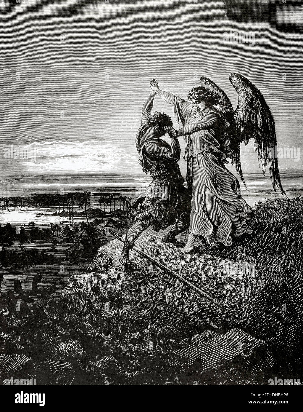Jacob lutte avec l'ange. Gravure par Laplante. La Bible en images par Gustave Dore. 19e siècle. Banque D'Images