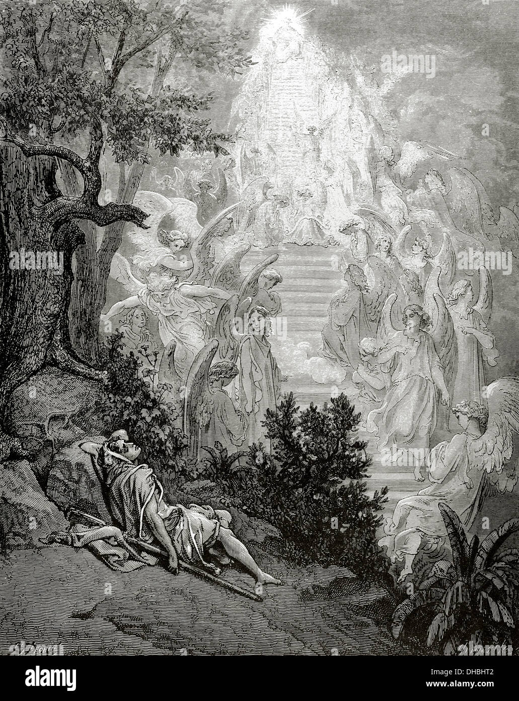 Ancien Testament. Jacob. Patriarche et prophète. Le rêve de Jacob. La genèse. Chapitre XXVIII. Gravure de Gustave Dore. 19e siècle. Banque D'Images