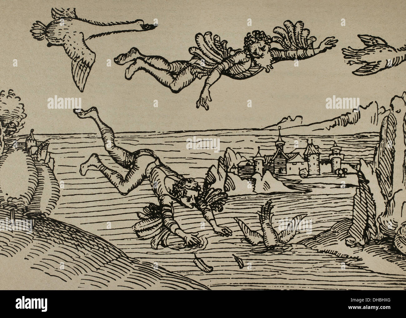 L'Icare et son père Dédale voler. Gravure par Albrecht durer, 1493. Banque D'Images