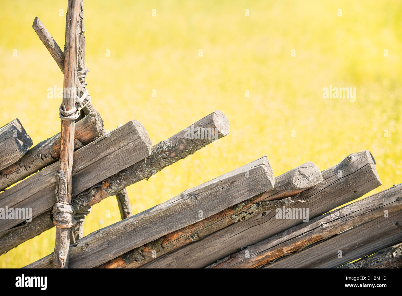 Vieille clôture en bois et vert prairie, Suède Banque D'Images