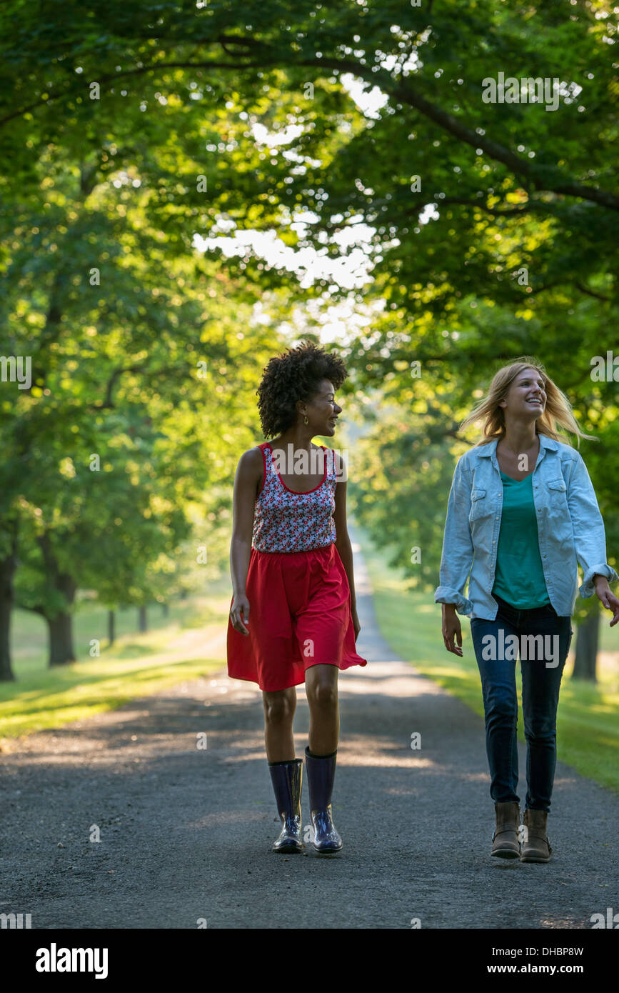 Deux femmes marchant dans une allée bordée d'arbres. Banque D'Images