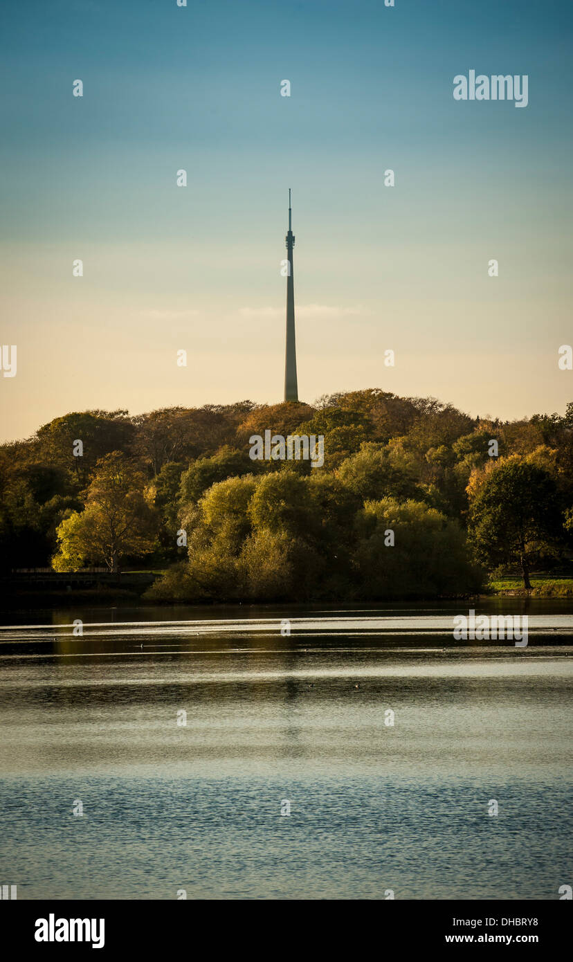 « Arqiva Tower », communément appelé mât Emley Moor, vue depuis le parc de sculptures du Yorkshire, avec le lac Lower Bretton en premier plan. ROYAUME-UNI. Banque D'Images