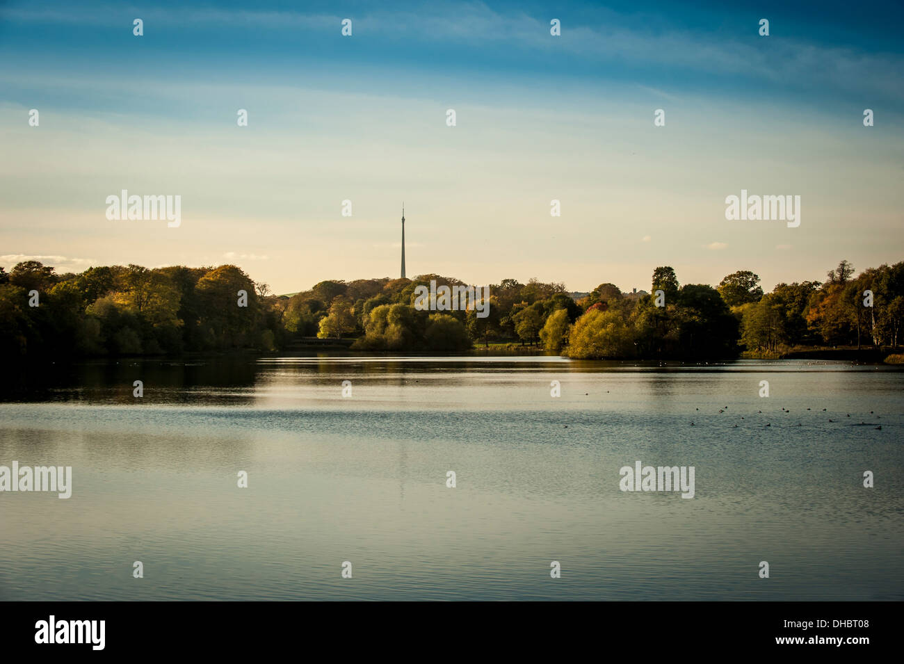 « Arqiva Tower », communément appelé mât Emley Moor, vue depuis le parc de sculptures du Yorkshire, avec le lac Lower Bretton en premier plan. ROYAUME-UNI. Banque D'Images