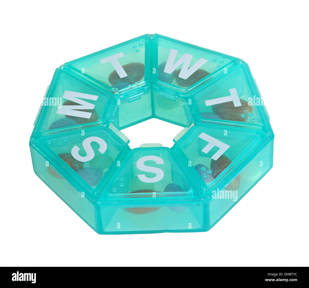 Distributeur d'heptagones pour une semaine de comprimés isolé sur fond blanc Banque D'Images