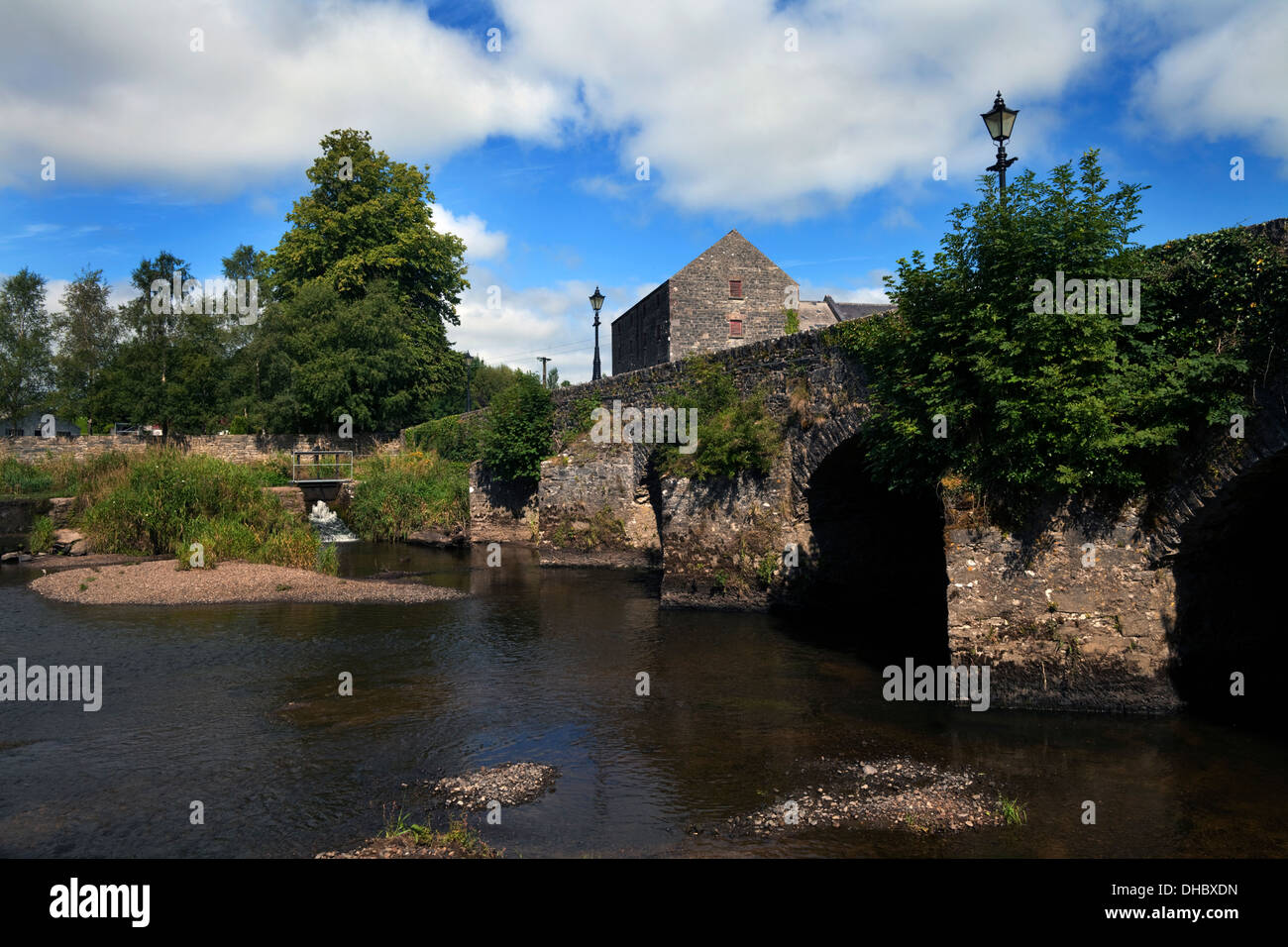 Pont sur la rivière Nore et moulin construit vers le début du 19ème siècle, le château de la ville, du comté de Laois, en Irlande Banque D'Images