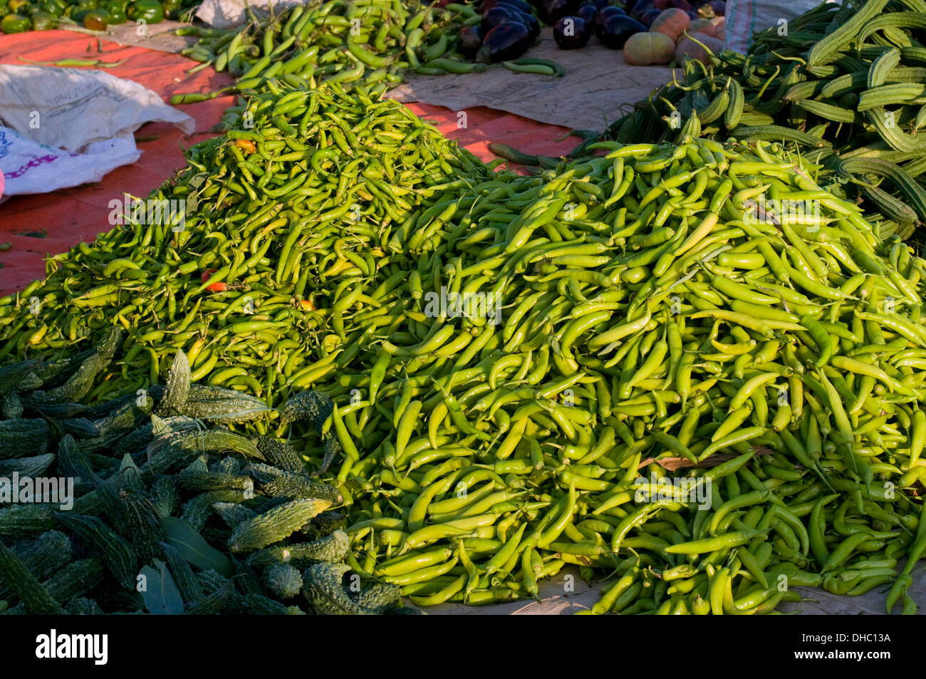 Grand tas de piments verts en vente dans la lumière du soleil du matin du marché du village. L'aliment de plus de chaque plat indien. Banque D'Images