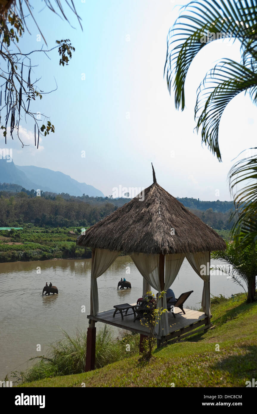 Vue verticale de touristes reposant, avec une vue magnifique d'éléphants marchant le long d'une rivière dans la campagne du Laos. Banque D'Images