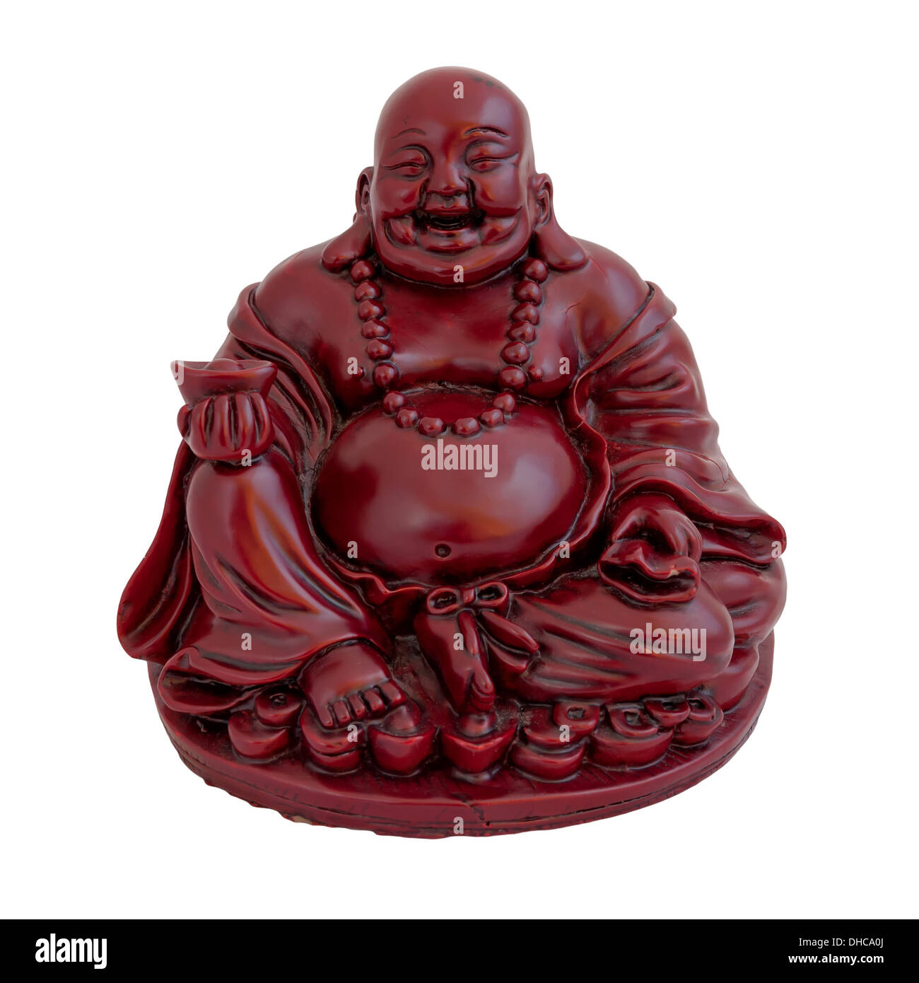 Statuette de Bouddha assis souriant isolated on white Banque D'Images