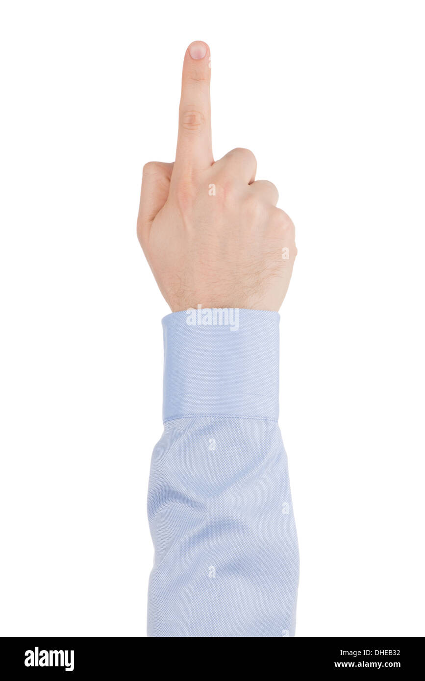 L'index de la main d'un homme dans une chemise est de toucher l'écran virtuel sur un fond blanc, vue du dessus. Banque D'Images