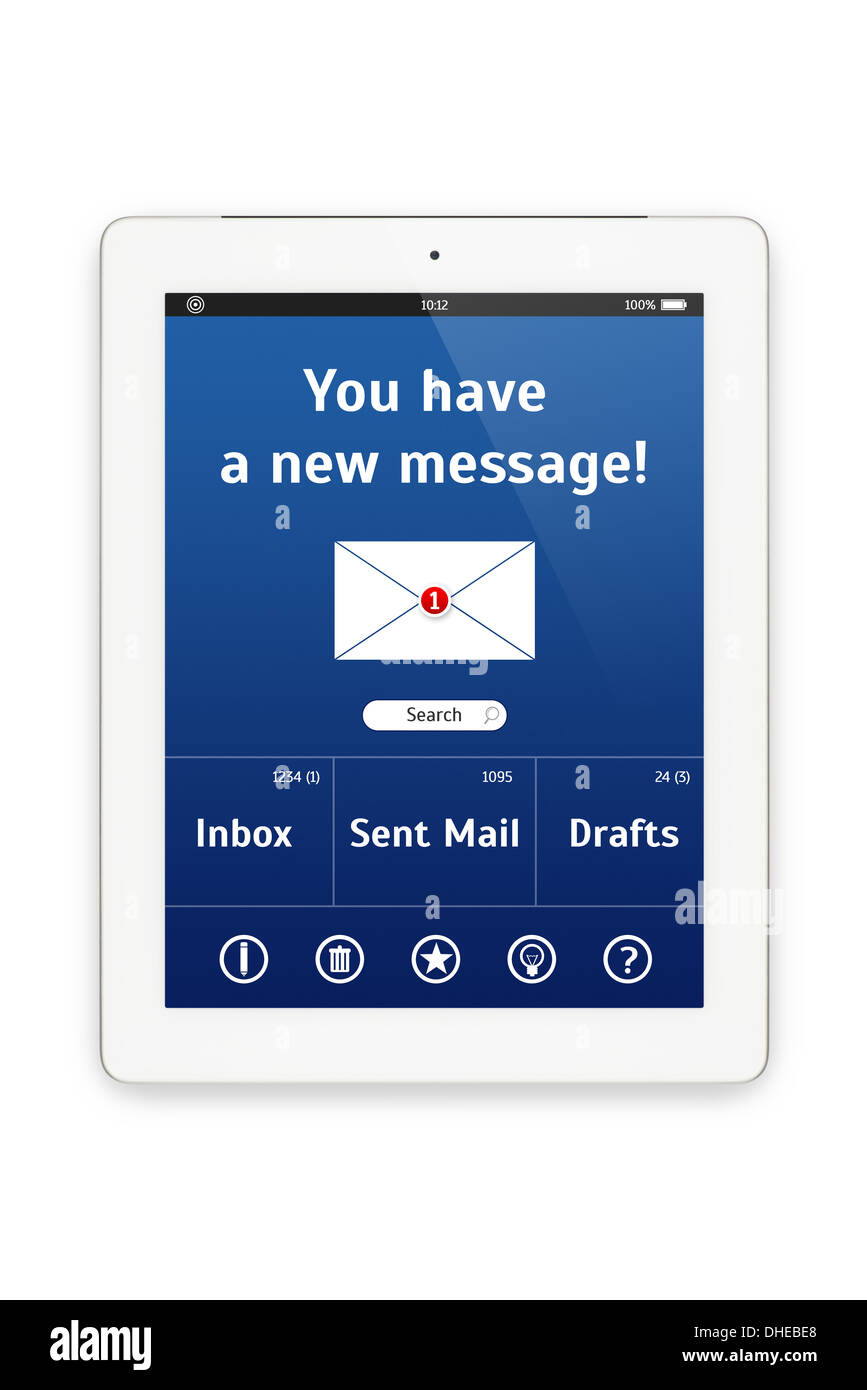 Vue de dessus d'un ordinateur tablette blanc en orientation portrait avec une interface de mail, isolé sur un fond blanc. Banque D'Images