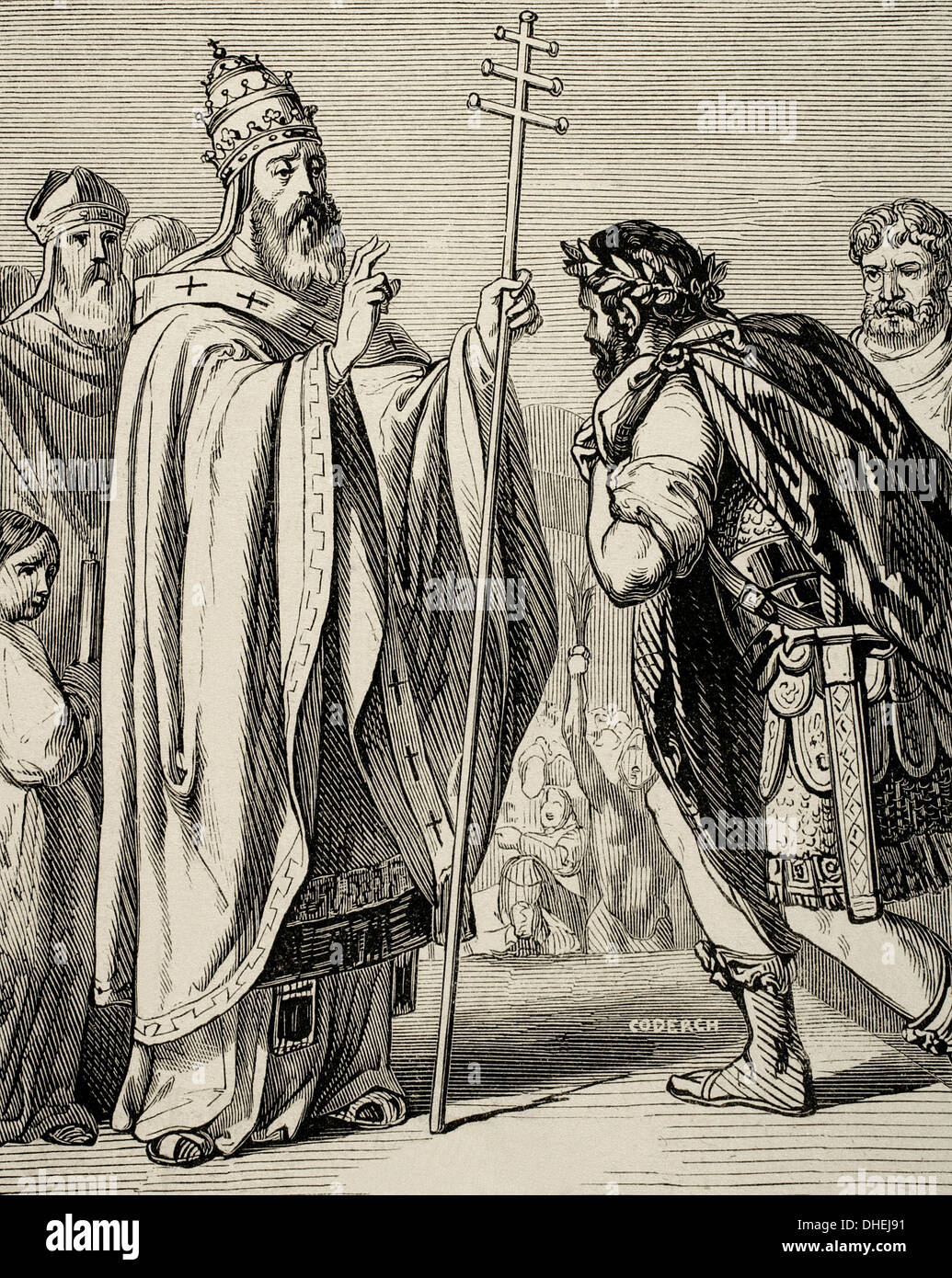 Le Pape Jean I (470-526). Le pape de 523 -526. Gravure par Coderch 'Ano Cristiano', 1852. Banque D'Images Le Pape Jean I (470-526). Le pape de 523 -526. Gravure par Coderch 'Ano Cristiano', 1852. Banque D'Images