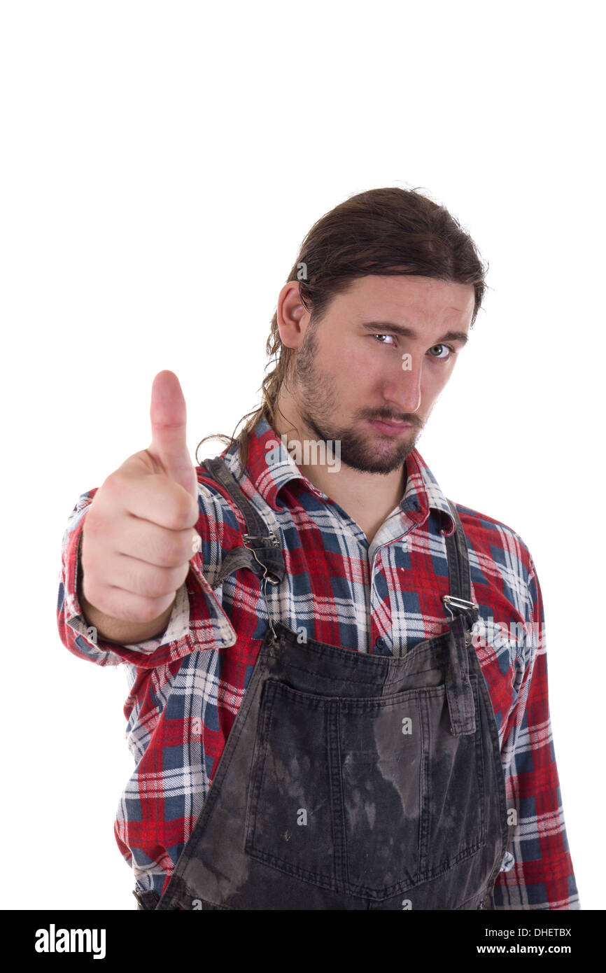 Worker showing thumb up pour le travail bien fait Banque D'Images