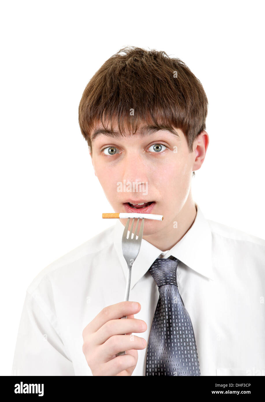 Maintenez l'homme cigarette sur la fourche. Banque D'Images