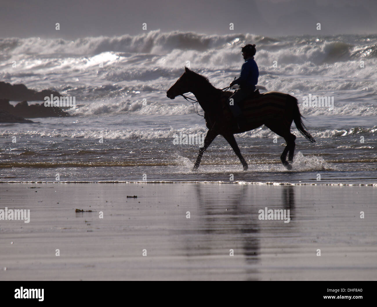 Horse Rider sur la plage, Bude, Cornwall, UK Banque D'Images