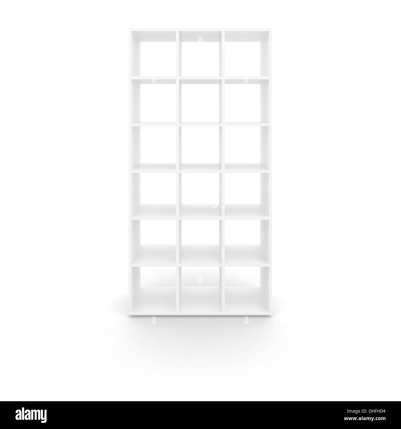 Cabinet blanc vide avec cellules carrées isolé sur fond blanc Banque D'Images