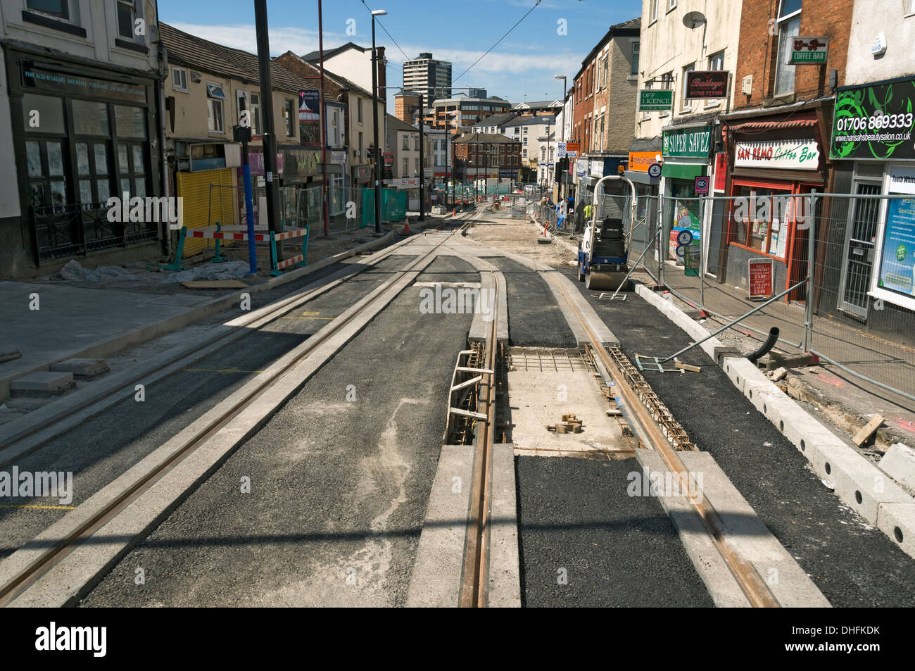 Travaux de construction pour le système de tramway Metrolink, Drake Street, Rochdale, Greater Manchester, Angleterre, RU Banque D'Images