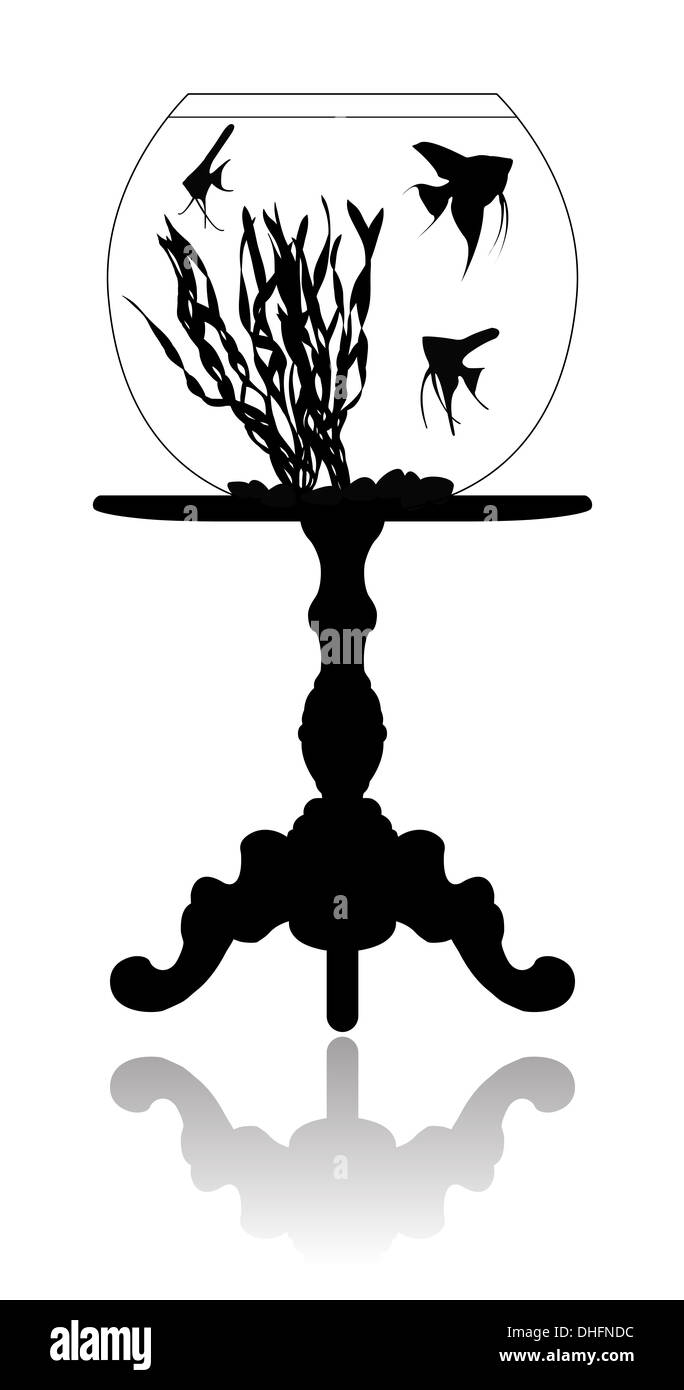 Aquarium rond avec de petits poissons (scalare), debout sur une table à café anciens. Banque D'Images