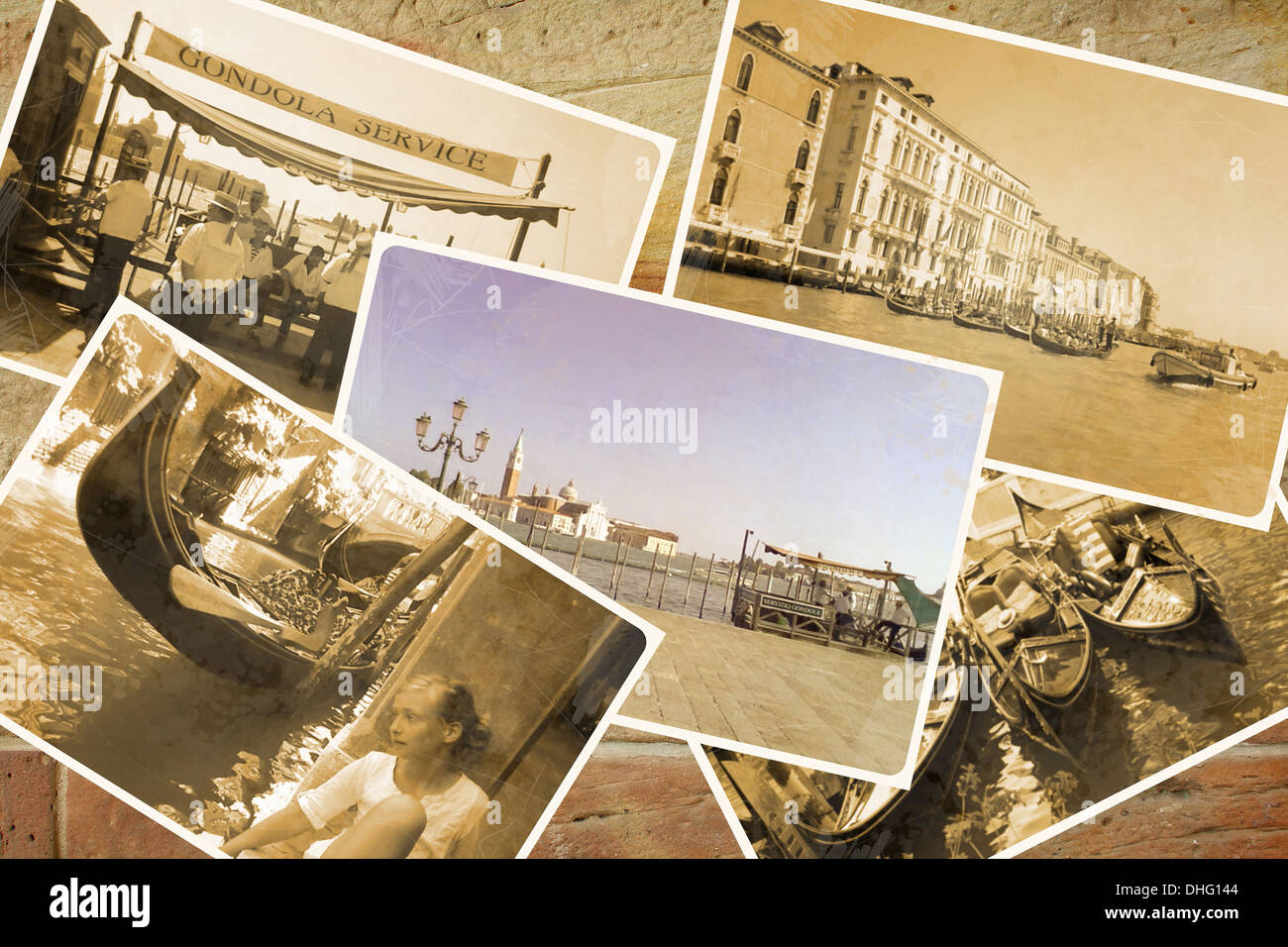 Collage Retro Postkarte, Gondel Service avec gondolier au quai, illustration Banque D'Images