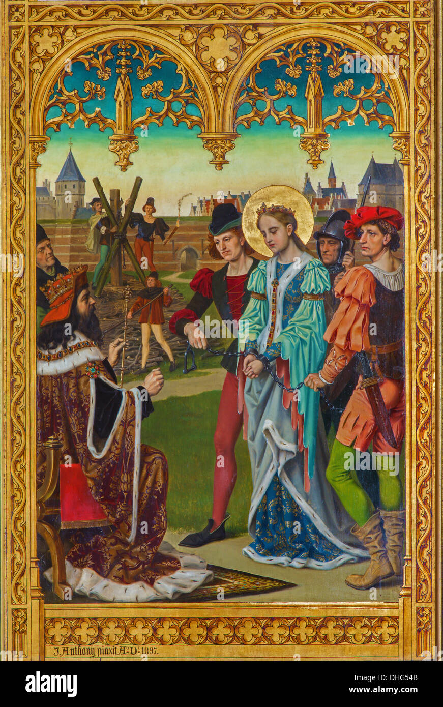 Anvers - Sainte Jeanne d'Arc le jugement de J. Anthony d'année 1898 de nouvelle-gothique autel latéral dans la cathédrale de Notre-Dame Banque D'Images