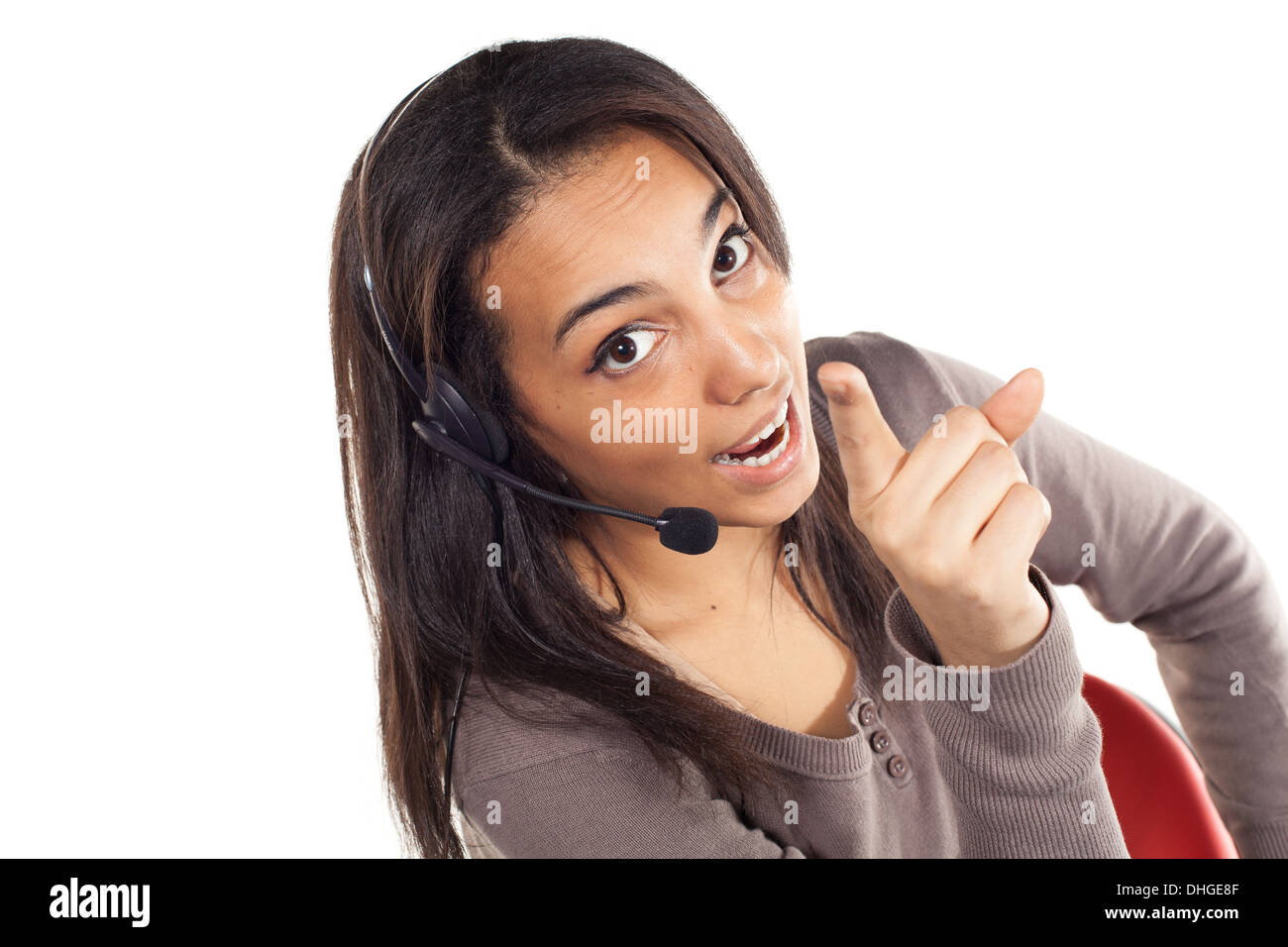 Portrait of happy smiling happy opérateur de support casque, isolé sur fond blanc Banque D'Images