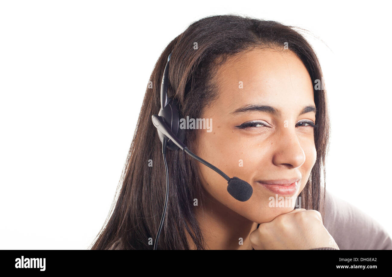 Portrait of happy smiling happy opérateur de support casque, isolé sur fond blanc Banque D'Images