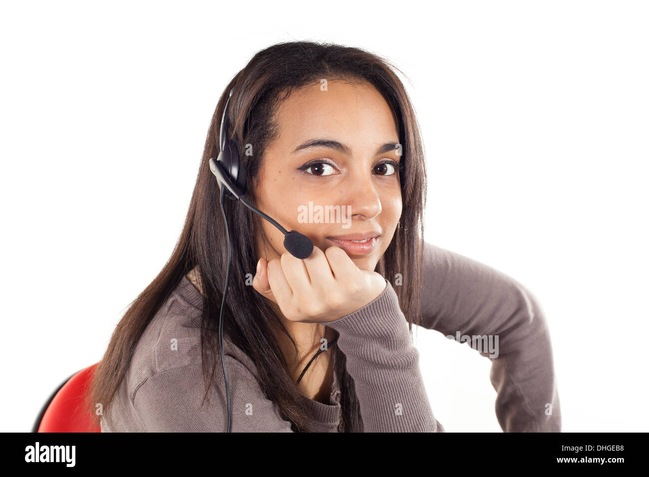 Portrait of happy smiling happy opérateur de support casque, isolé sur fond blanc Banque D'Images