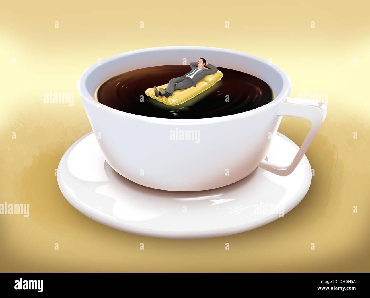 Image d'illustration de businessman lying on raft dans Coffee cup représentant les entreprises maison de vacances Banque D'Images