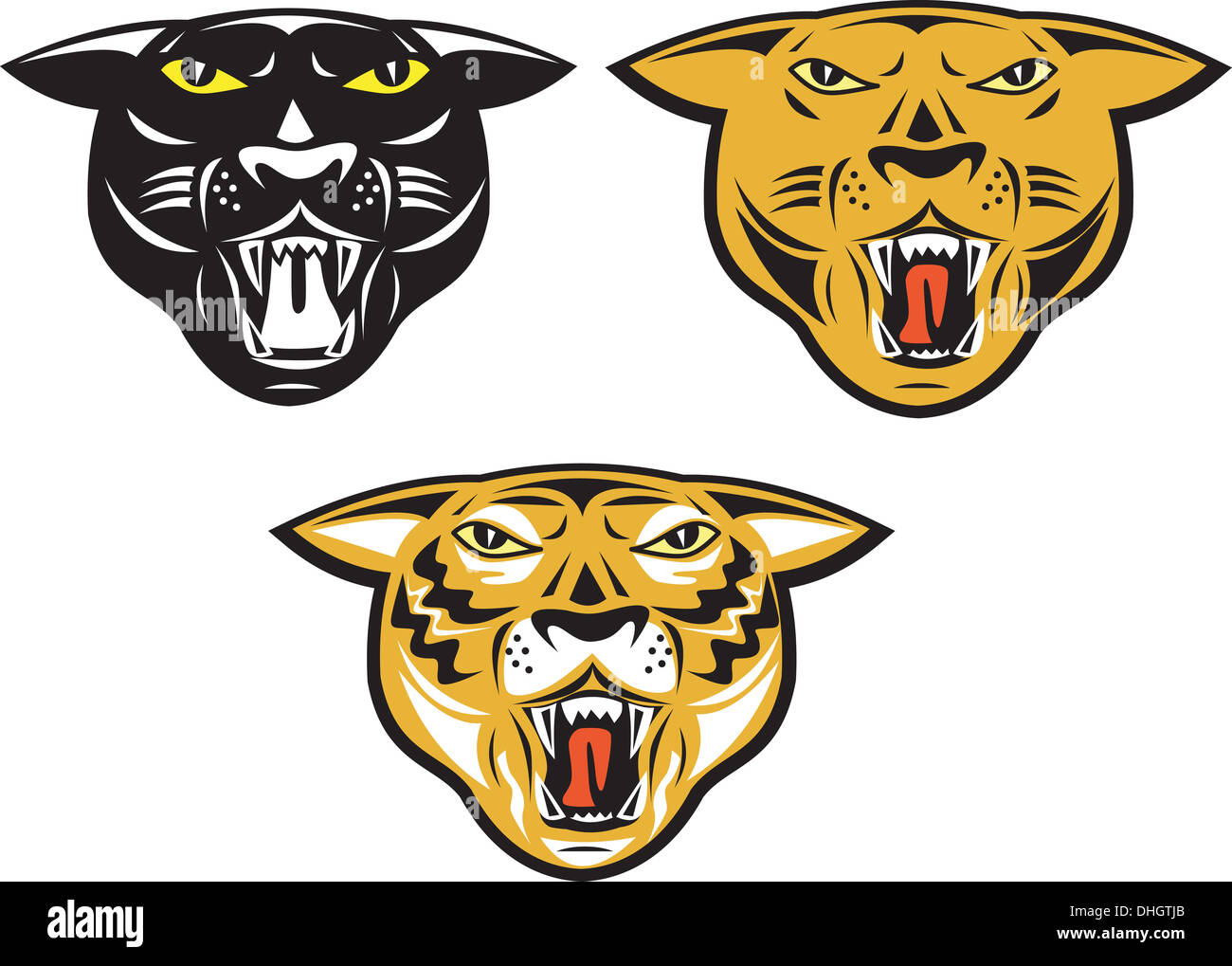 Illustration de big cat panther tiger head face à l'avant ensemble de grognement isolées sur fond blanc fait en style rétro. Banque D'Images