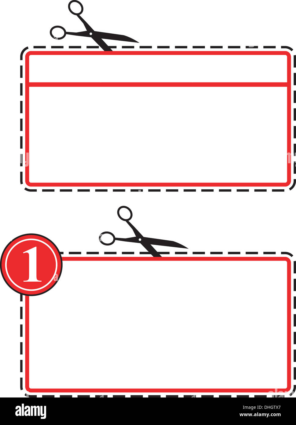 Illustration du coupon de réduction d'être coupées avec une paire de ciseaux sur la ligne pointillée isolées sur fond blanc Banque D'Images