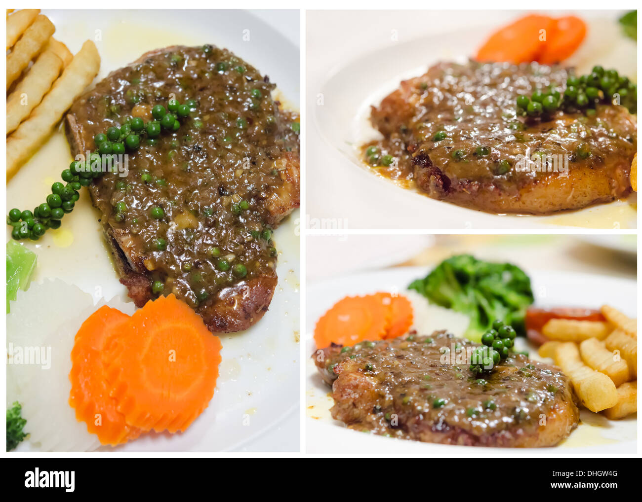 Collage à partir de photographies de steak de boeuf, sauce au poivre vert Banque D'Images
