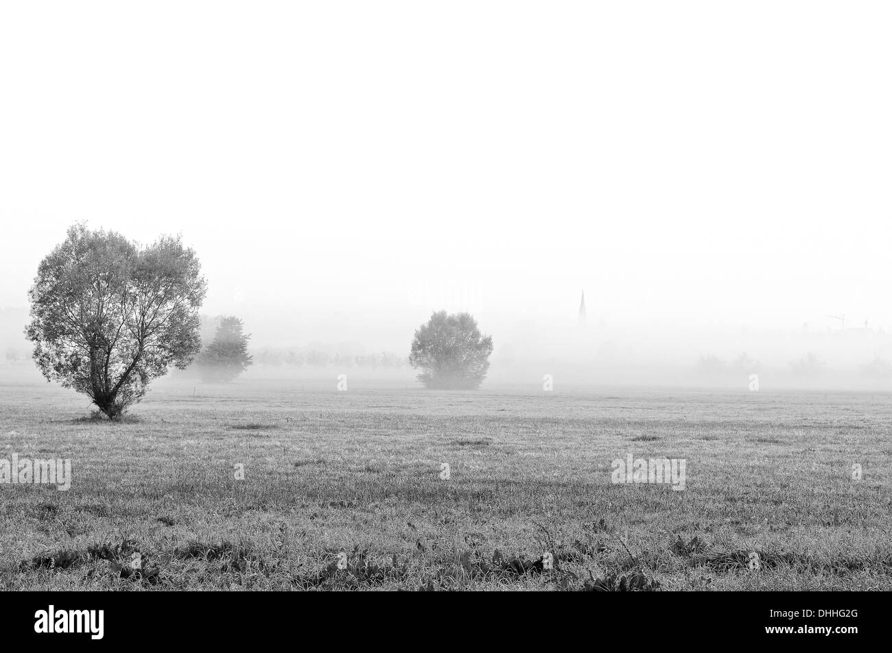 Paysage brumeux avec tour de l'église Banque D'Images