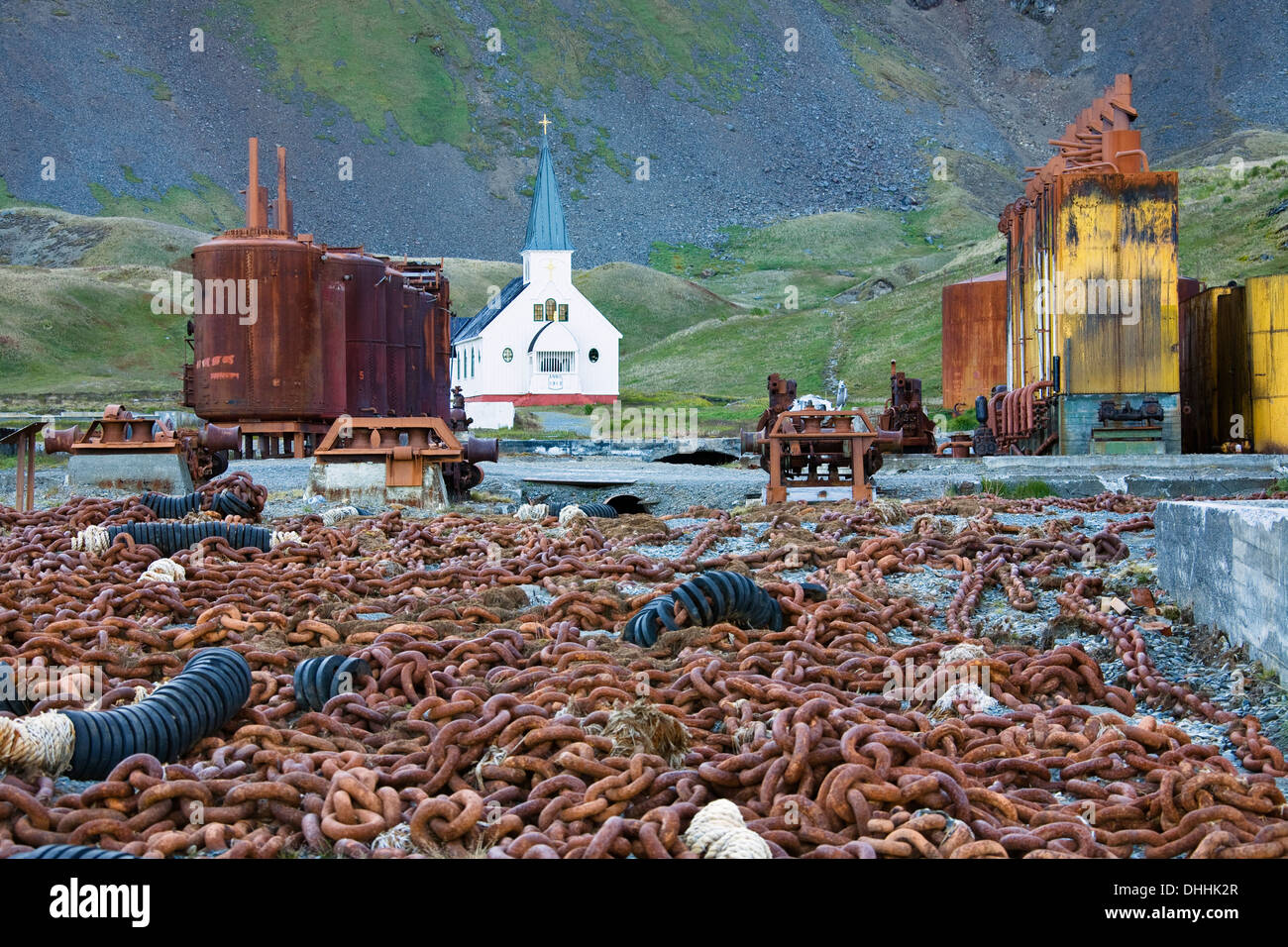 Ancienne station baleinière Grytviken avec église, la Géorgie du Sud, îles Sandwich du Sud, territoire britannique d'outre-mer, l'Antarctique Banque D'Images