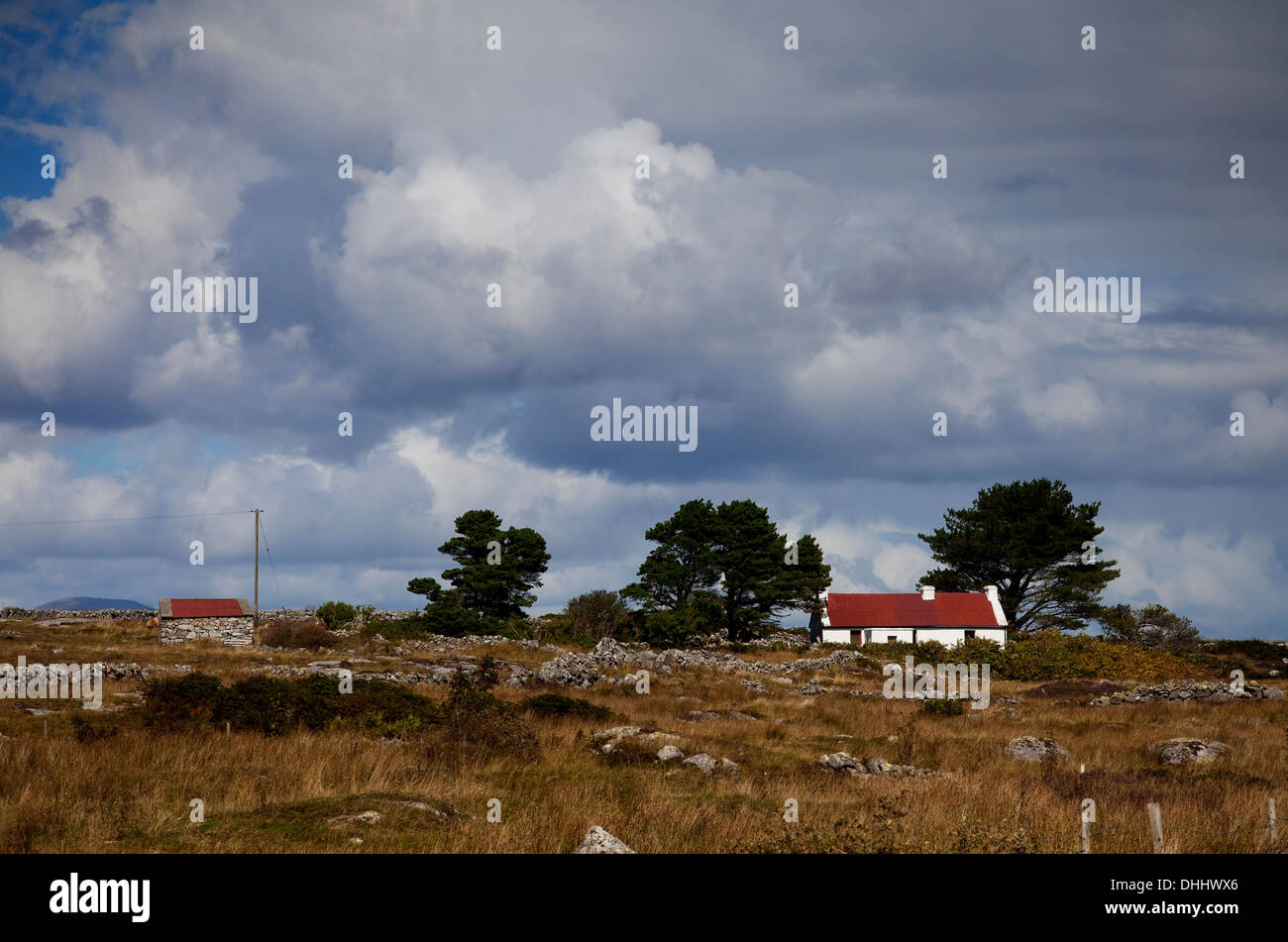 Cottage et rocky paysage stérile sur l'île de Lettermore, Connemara, comté de Galway, Irlande Banque D'Images