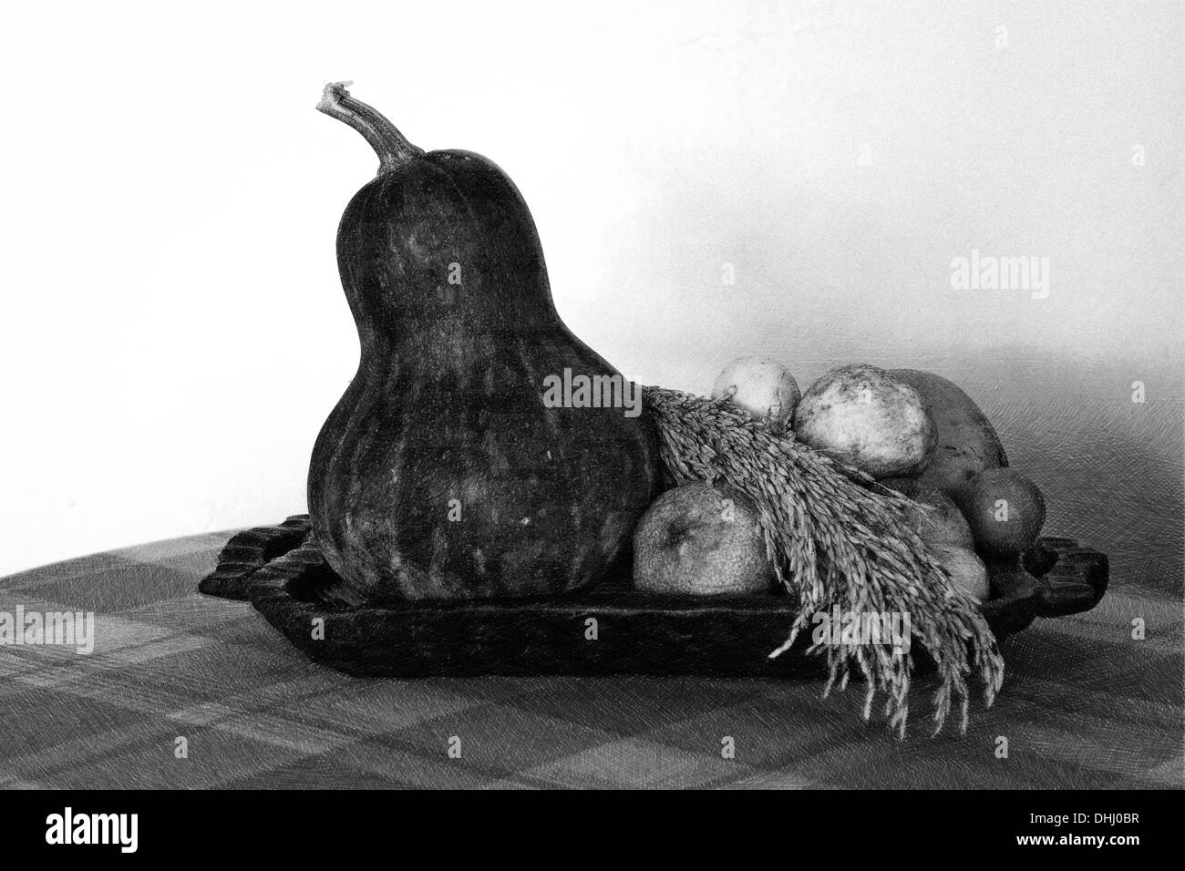 Récolte de fruits et de riz sur un plat dans une maison à Penonomé, province de Cocle, République de Panama, Amérique centrale. Banque D'Images